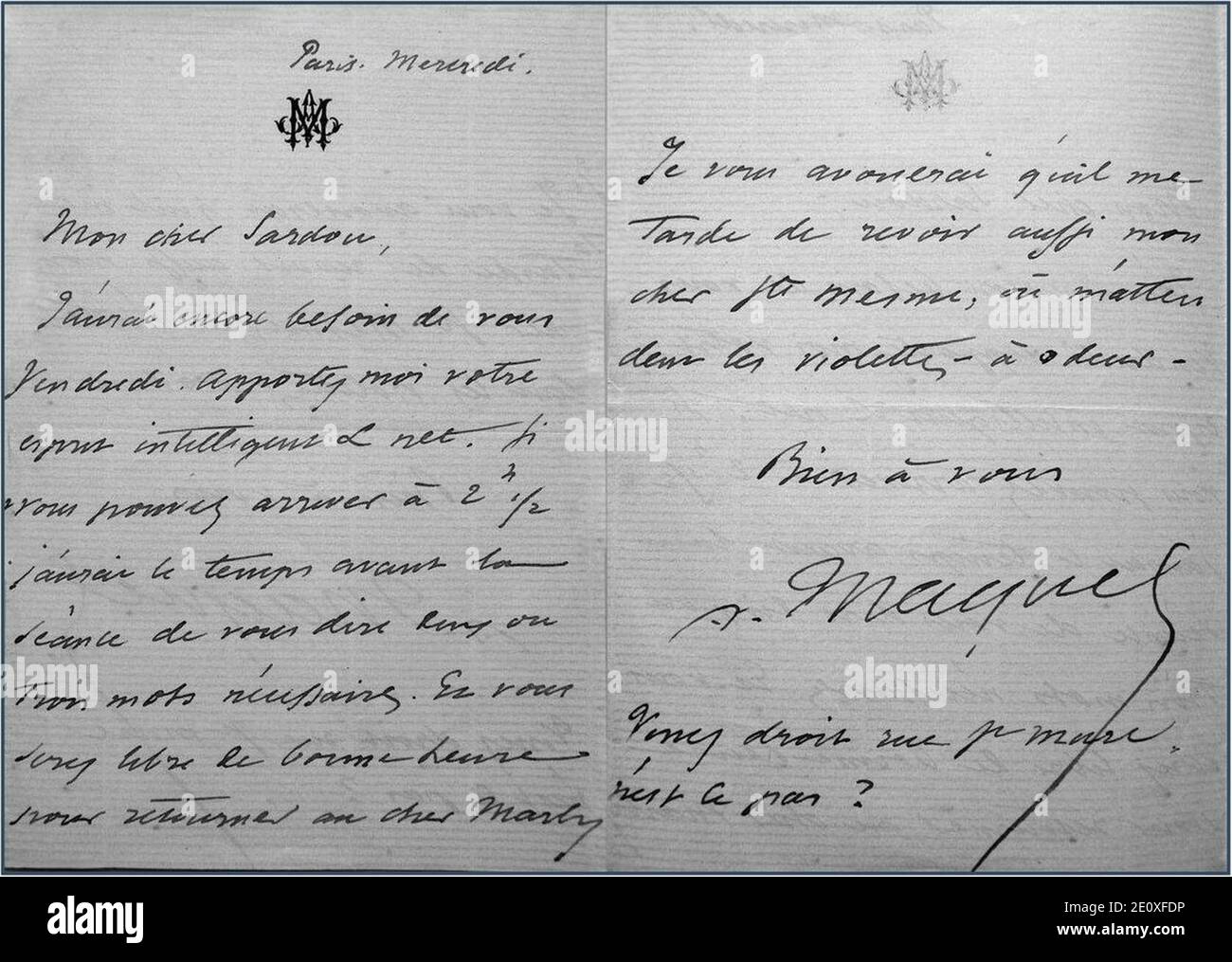 Lettre Auguste MAQUET Victorien Sardou. Stockfoto