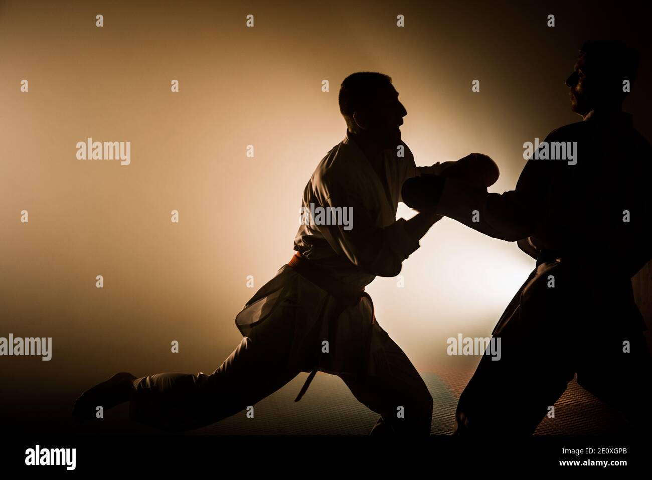 Karate Kampfkunst. Kämpfer Training Karate bewegt sich vor dunklem Hintergrund Stockfoto