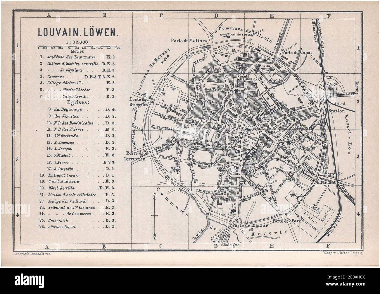 Leuven (Louvain) - Vlaams-Brabant - Plattegrond uit de gids ''Baedeker België & Holland''. 1897 (2). Stockfoto