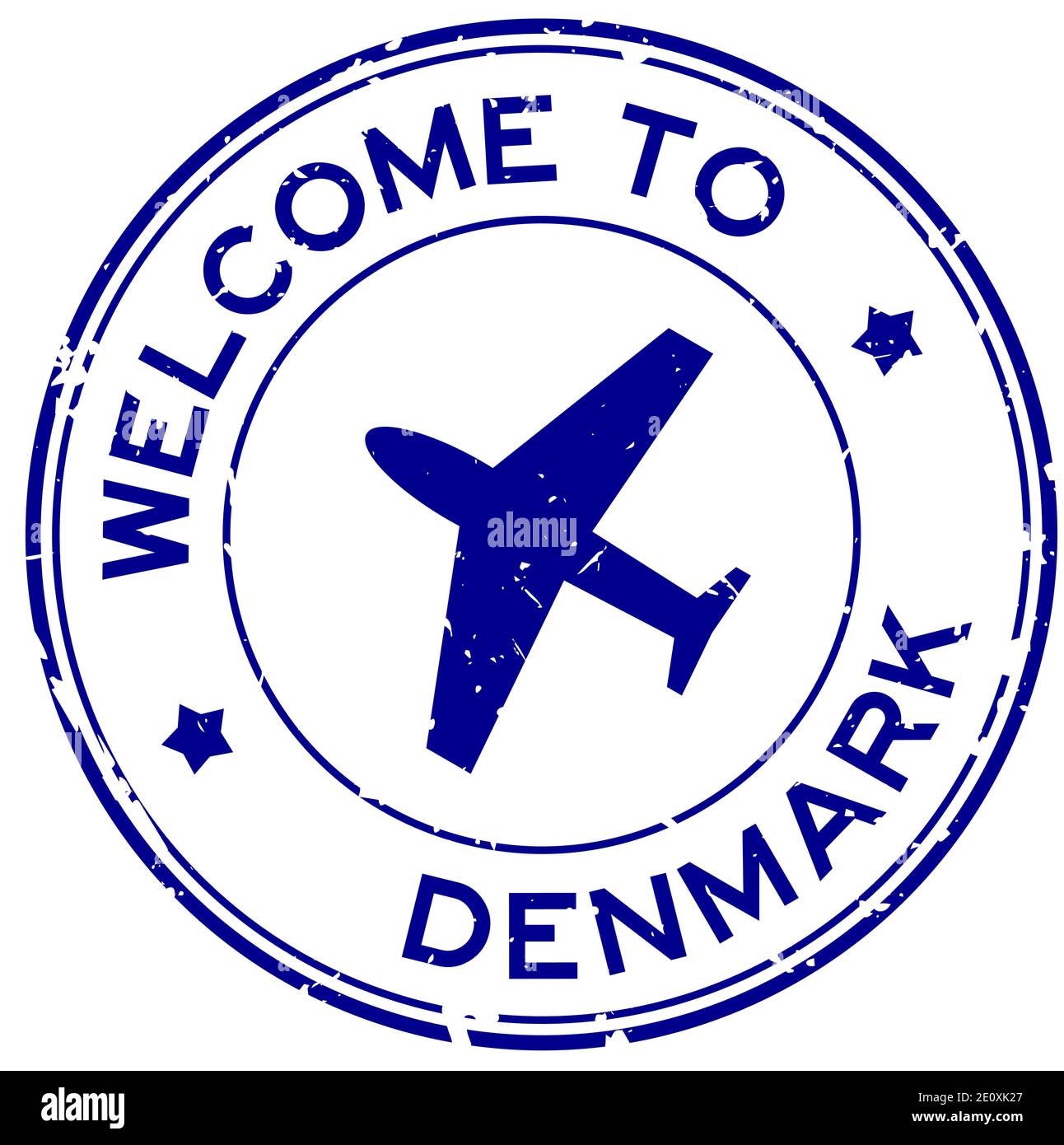 Grunge blau Willkommen in Dänemark Wort mit Flugzeug Symbol rund Stempel mit Gummidichtung auf weißem Hintergrund Stock Vektor