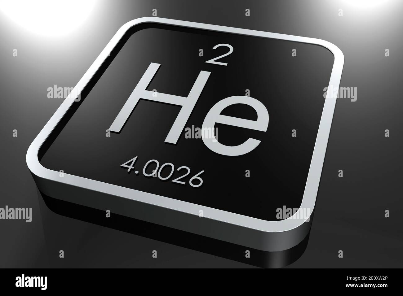 Heliumelement aus Periodensystem auf schwarzem quadratischem Block, 3D-Rendering Stockfoto