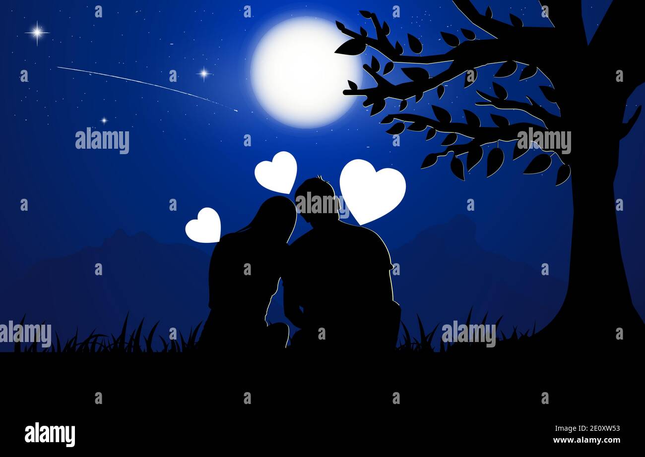 Ein Paar Mann und Frau sitzen unter Baum mit Mond Am Himmel bei Nacht Design Vektor Illustration Stock Vektor