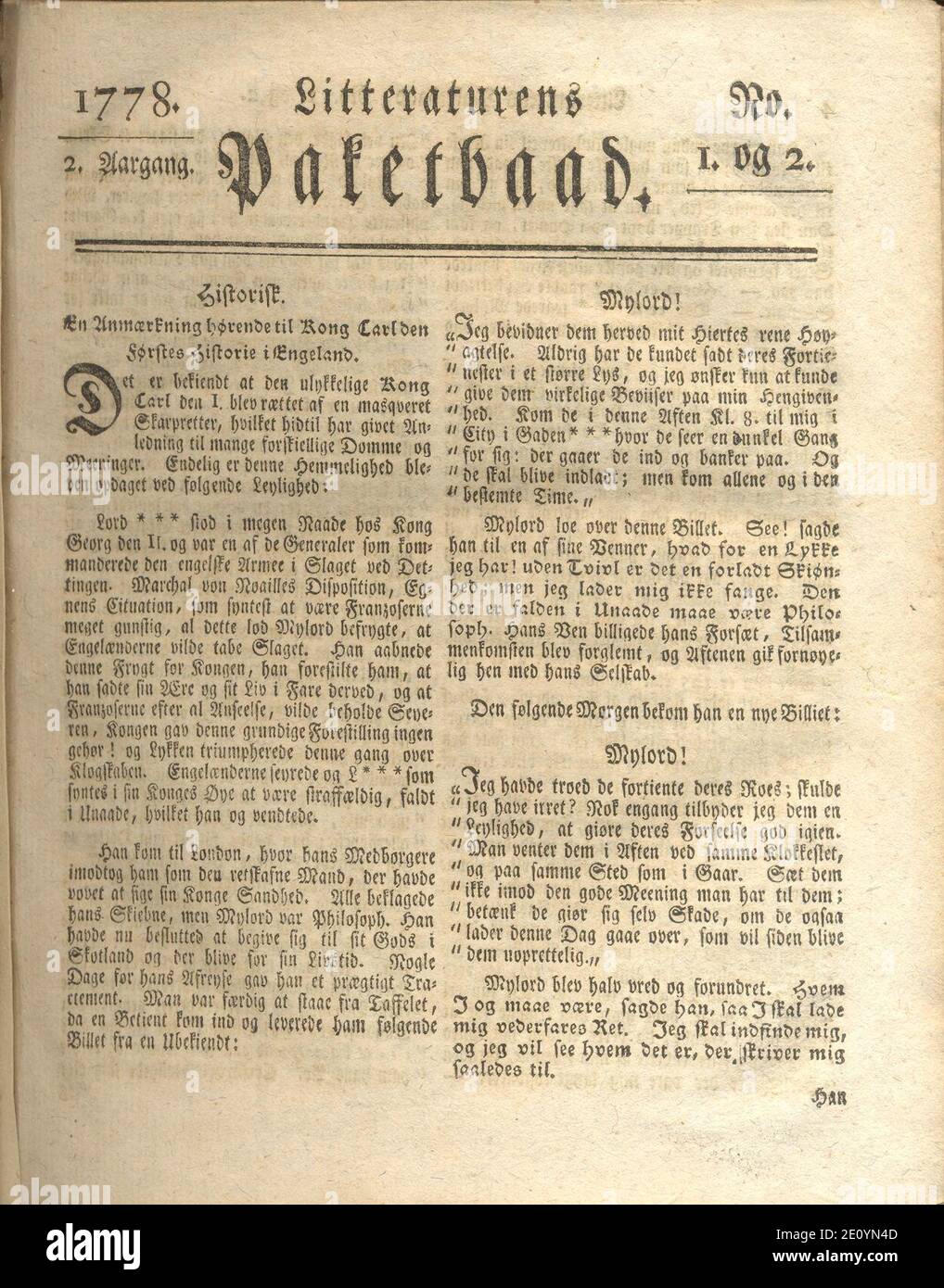Litteraturens paketbaad 1778 nr 1 und 2. Stockfoto