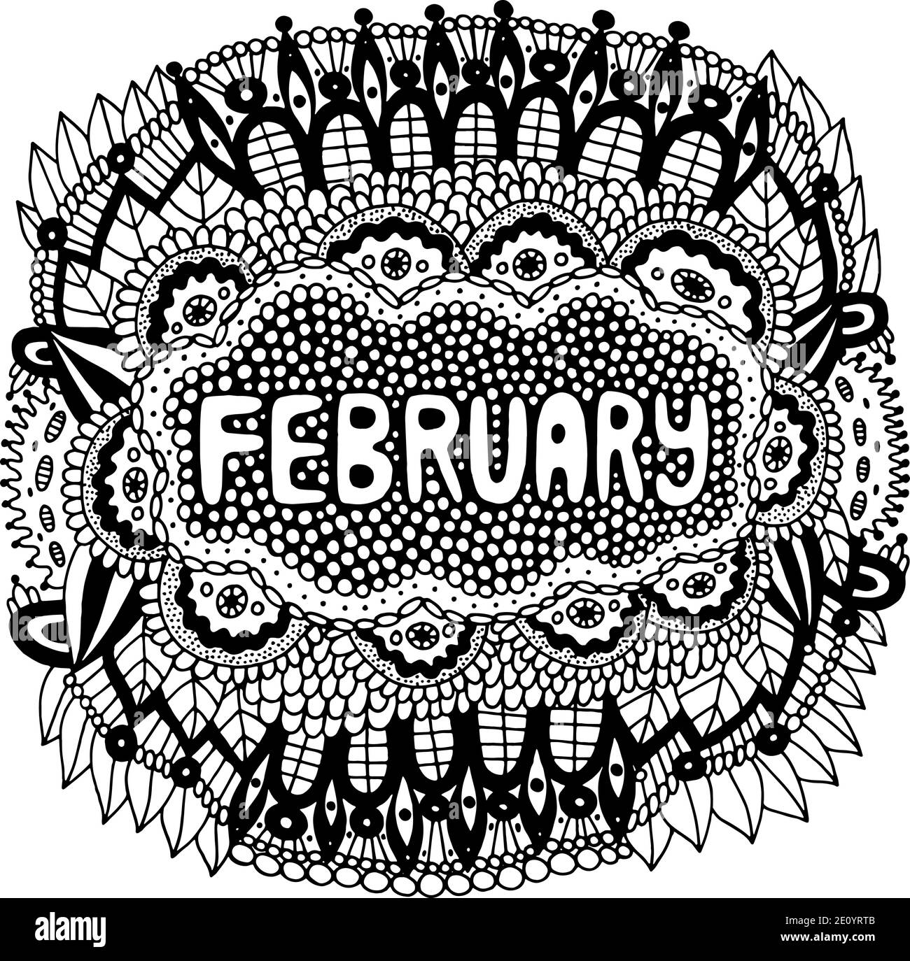 Februar - Ausmalbilder für Erwachsene. Mandala mit Monaten des Jahres. Kalender Malbuch. Zentangle Stil Kunst Therapie Malblatt. Vektorillus Stock Vektor