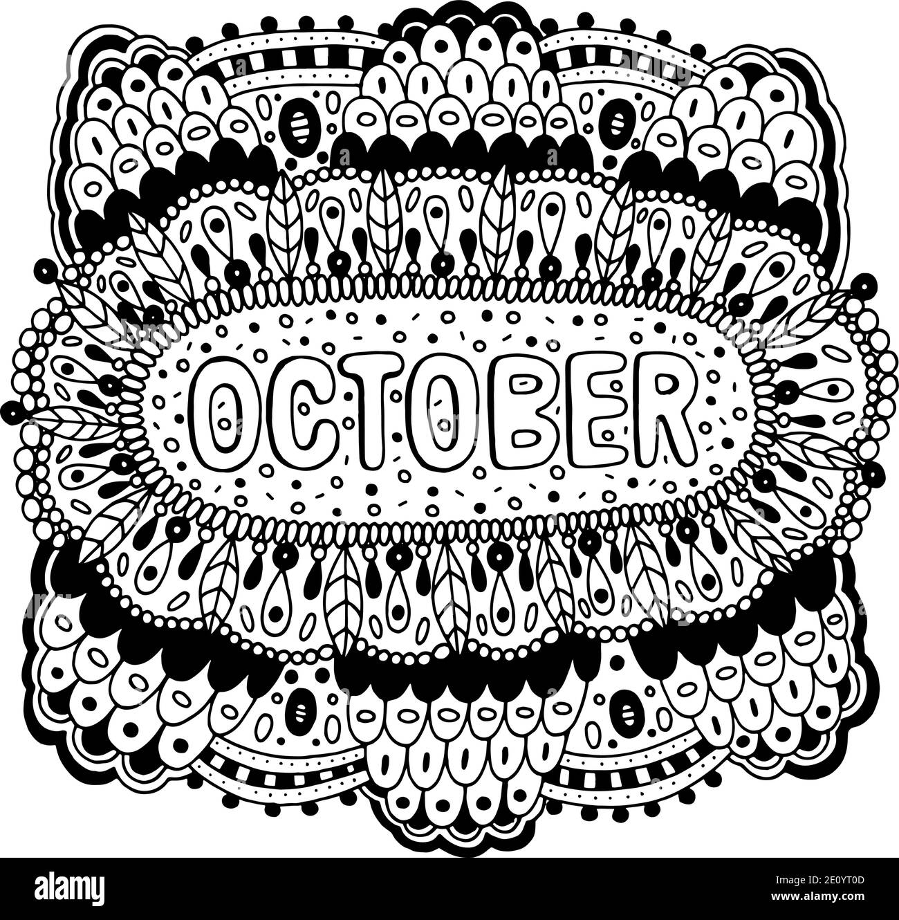 Oktober - Ausmalbilder für Erwachsene. Mandala mit Monaten des Jahres. Kalender Malbuch. Zentangle Stil Kunst Therapie Malblatt. Vektorillust Stock Vektor