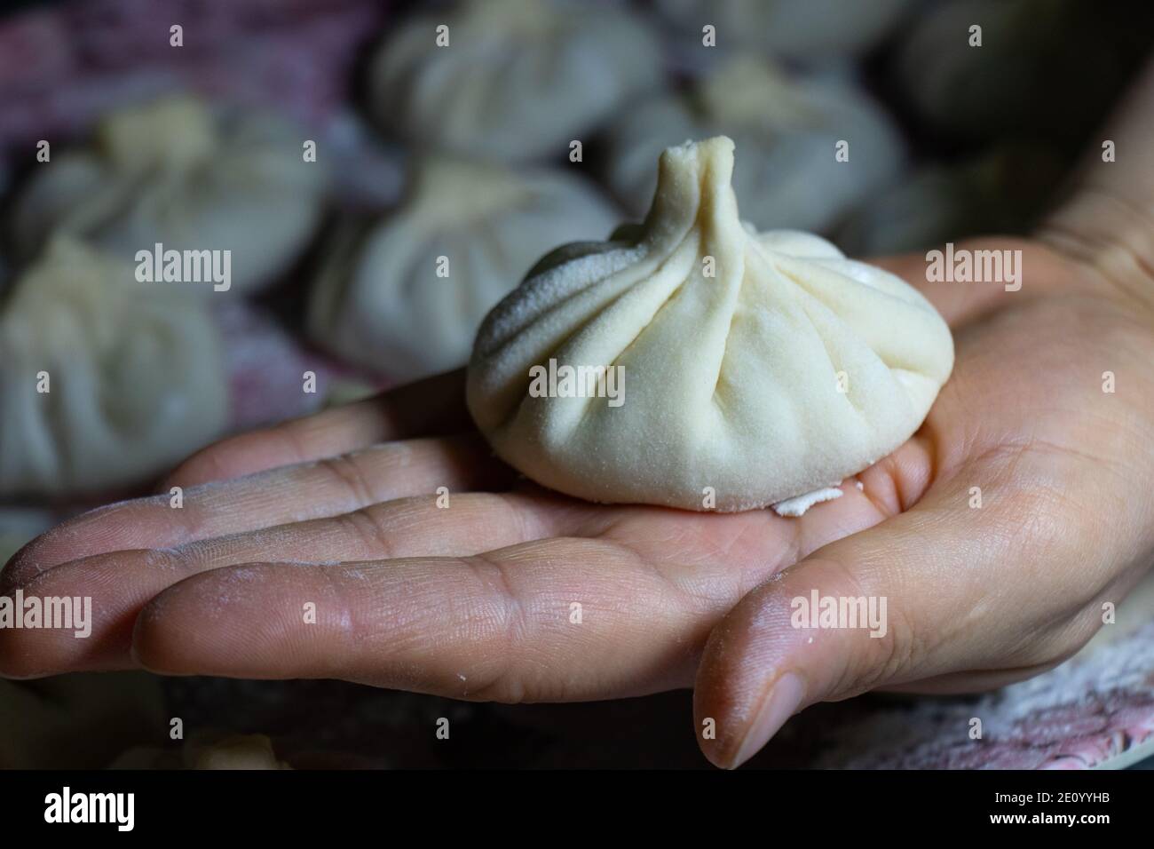 Georgische Khinkali. Hände Vorbereitung Georgian Dumpling - Krinkali mit Hackfleisch. Stockfoto