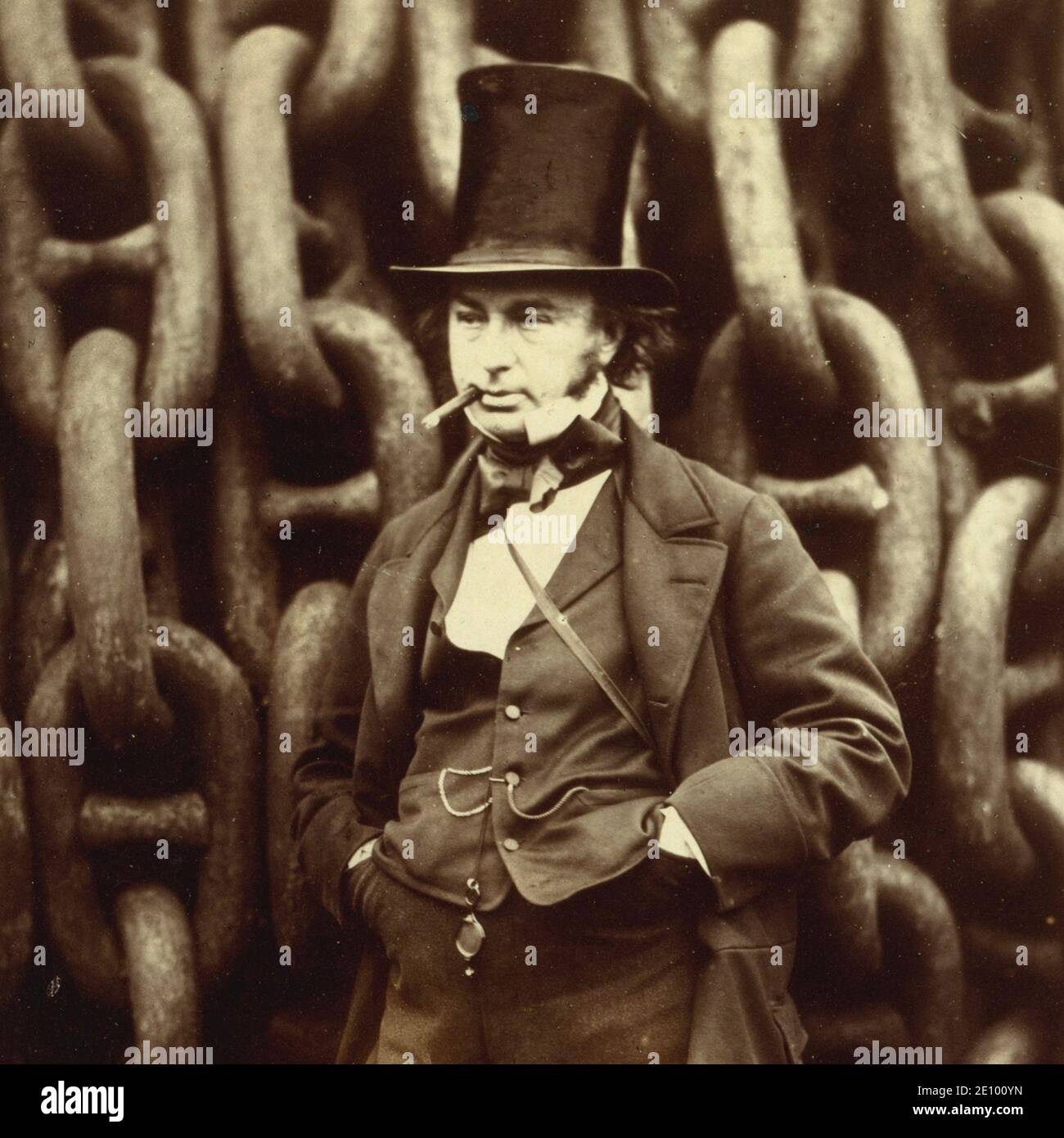 Brunel steht vor den Startketten des Great Eastern in London, fotografiert von Robert Howlett 1857. Stockfoto
