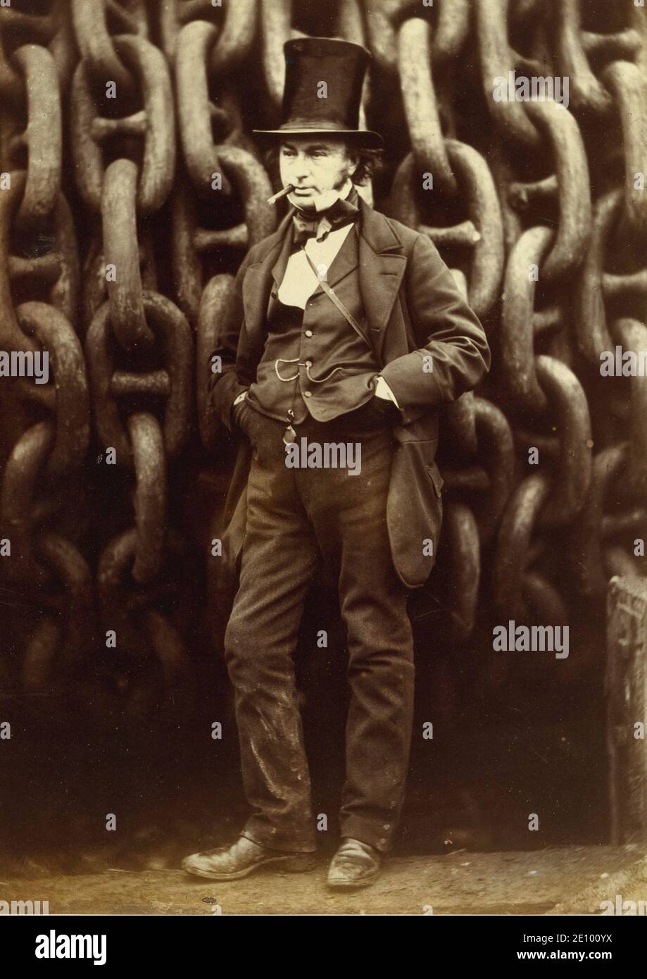 Brunel steht vor den Startketten des Great Eastern in London, fotografiert von Robert Howlett 1857. Stockfoto