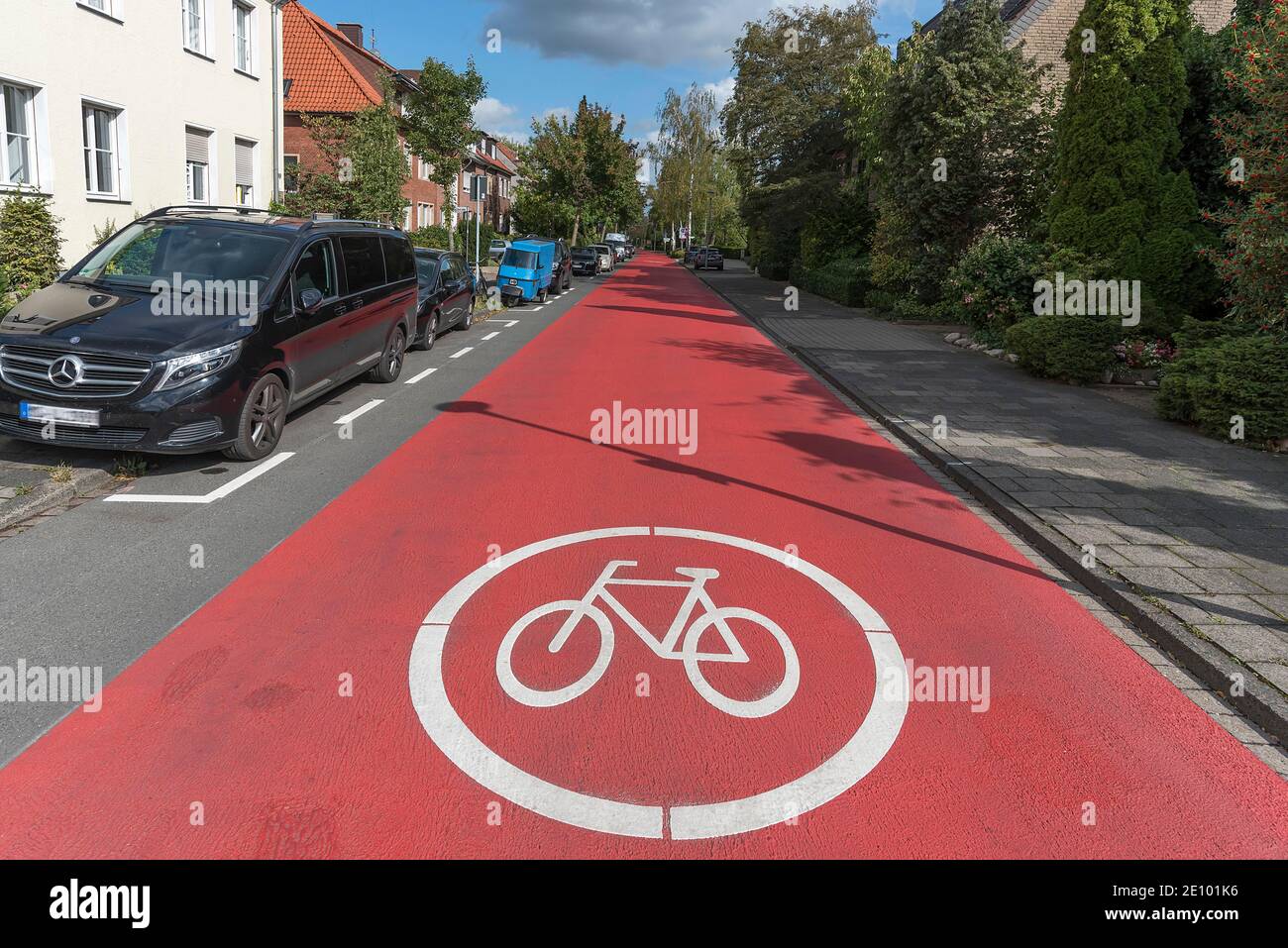 Rot markierte Fahrradstraße, Radweg, Münster, Nordrhein-Westfalen, Deutschland, Europa Stockfoto