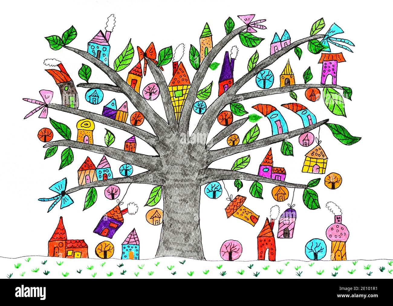 Bemalter Baum mit kleinen Häusern als Blätter, naive Malerei, weißer Hintergrund Stockfoto