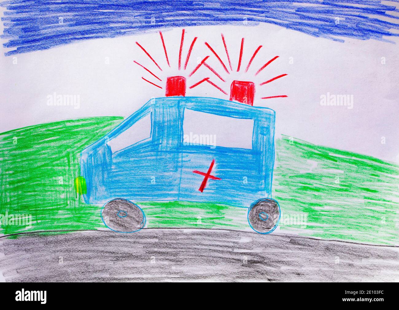 Naive Illustration, Kinder Zeichnung, Auto mit blauem Licht Stockfoto
