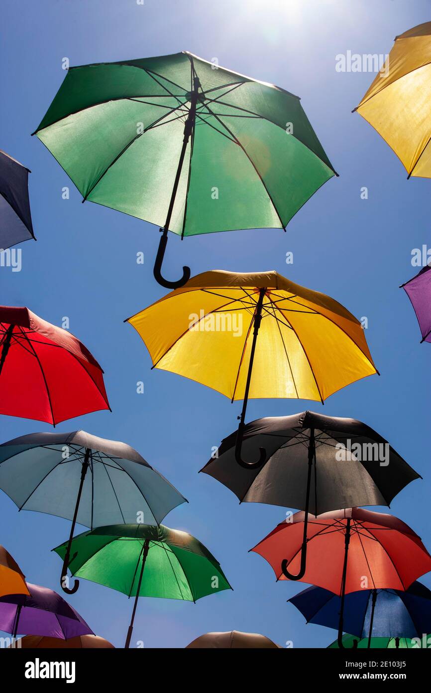 Bunte Schirme als Dekoration in der Altstadt, Novigrad, Adriaküste, Istrien, Kroatien, Europa Stockfoto