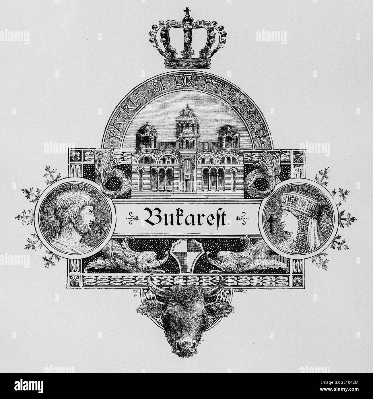 Pictographisches Design für die Hauptstadt Bukarest, Rumänien, Illustration aus 'die Hauptstädte der Welt', Breslau um 1897 Stockfoto