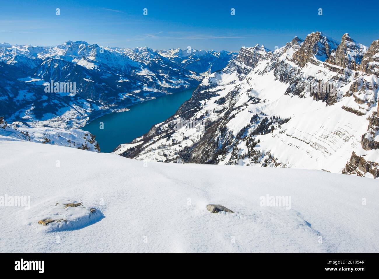 Churfirsten mit Wallensee, Schweiz, Europa Stockfoto