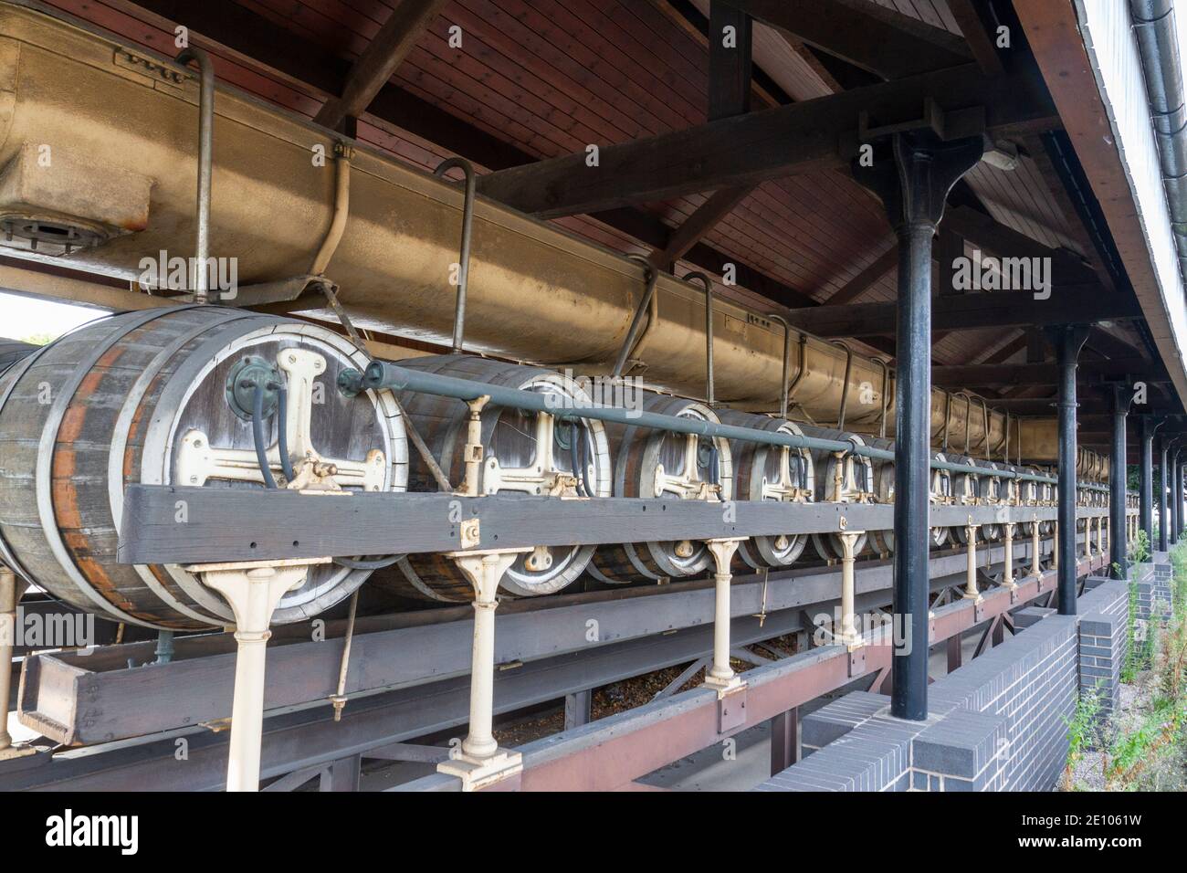 Reihe von Fässern, das Burton Union System, National Brewery Center, Burton Upon Trent, (Burton-on-Trent oder Burton), eine Marktstadt in Staffordshire, Großbritannien. Stockfoto