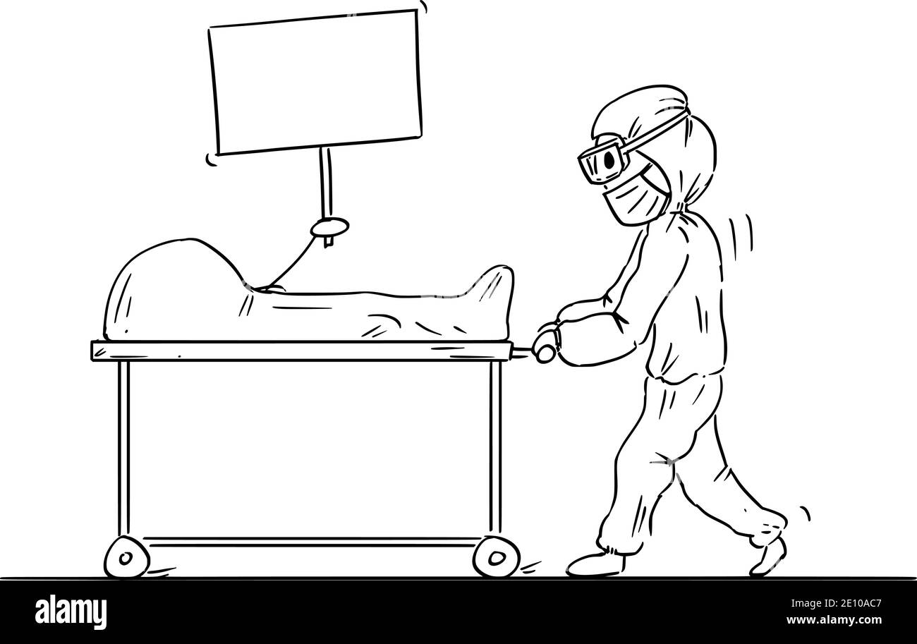 Vektor Cartoon Stick Figur Illustration von Sanitäter, Sanitäter oder medizinisches Personal in Schutzanzug Transport toter Körper des Patienten mit leerem Zeichen. Konzept der Coronavirus covid-19 Epidemie oder Pandemie. Stock Vektor