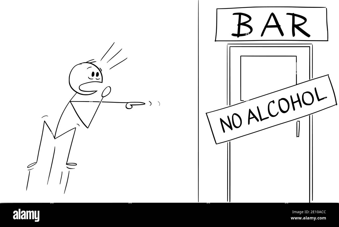 Vektor-Cartoon-Stick Abbildung Abbildung schockiert Mann, der gerade festgestellt, dass seine Kneipe oder Bar ist aus Alkohol. Konzept der Alkoholabhängigkeit. Stock Vektor