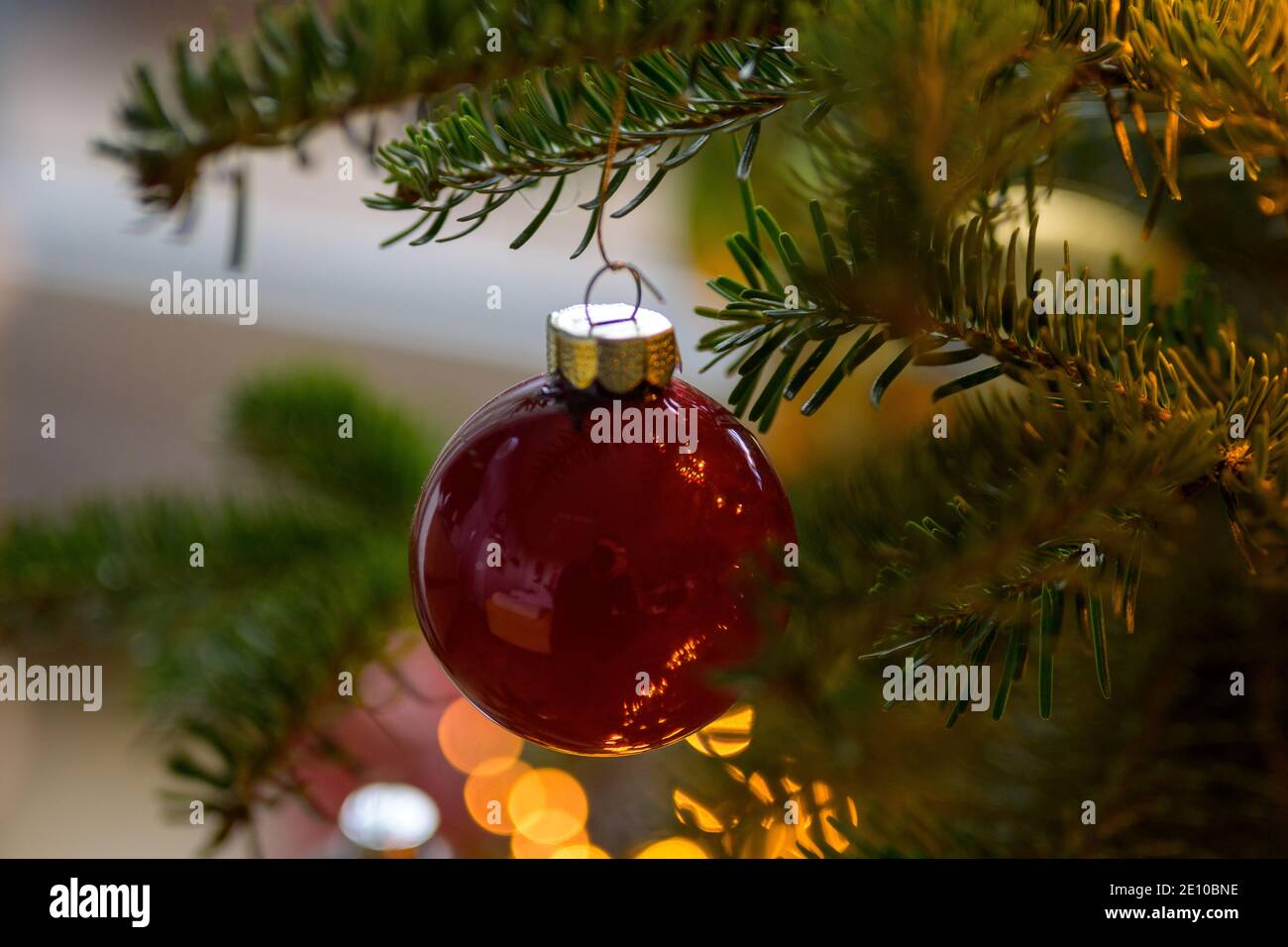 Festliche Weihnachten Hintergrund mit bunten roten Ball und ein Bokeh Von funkelnden goldenen Lichtern schmücken einen traditionellen Baum während der Weihnachtszeit Stockfoto