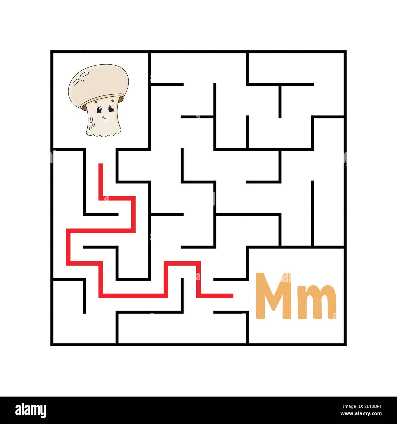 Quadratisches Labyrinth. Spiel für Kinder. Lustige Quadrate Labyrinth. Arbeitsblatt zum Bildungswesen. Aktivitätsseite. Puzzle für Kinder. Niedlicher Cartoon-Stil. Finden Sie den richtigen Weg. Stock Vektor