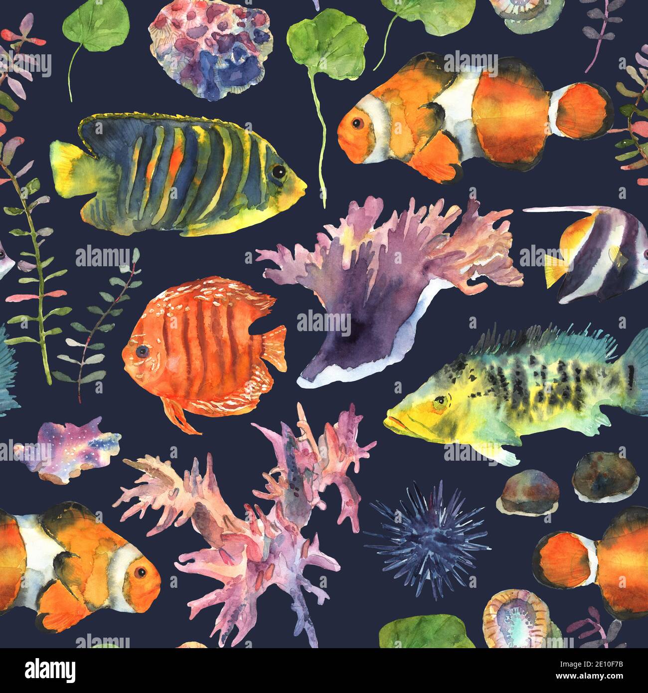 Cartoon Fische nahtlose Muster mit floralen Hand gezeichnet in Aquarell für Dekoration Design. Farbenfrohes Set. Unterwasserwelt. Stockfoto