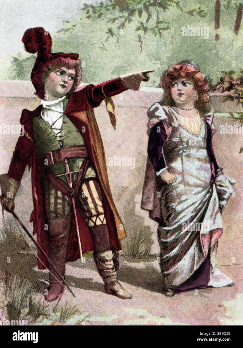 Die „Spitzmaus“ des Stücks Katherine oder Kate ist die Tochter von Baptista Minola, mit dem sie in Padua lebt. Ihre Feindseligkeit gegenüber Freiern beunstet ihren Vater besonders. Doch ihre Wut und Unhöflichkeit verschleiern ihr tiefes Gefühl der Unsicherheit und ihre Eifersucht gegenüber ihrer Schwester Bianca. Sie widersetzt sich ihrem Verehrer Petruchio nicht für immer und unterwirft sich schließlich ihm, trotz ihrer früheren Ablehnung der Ehe. The Taming of the Shrew ist eine Komödie von William Shakespeare, die vermutlich zwischen 1590 und 1592 geschrieben wurde. Das Spiel beginnt mit einem Framing-Gerät, oft beziehen Stockfoto