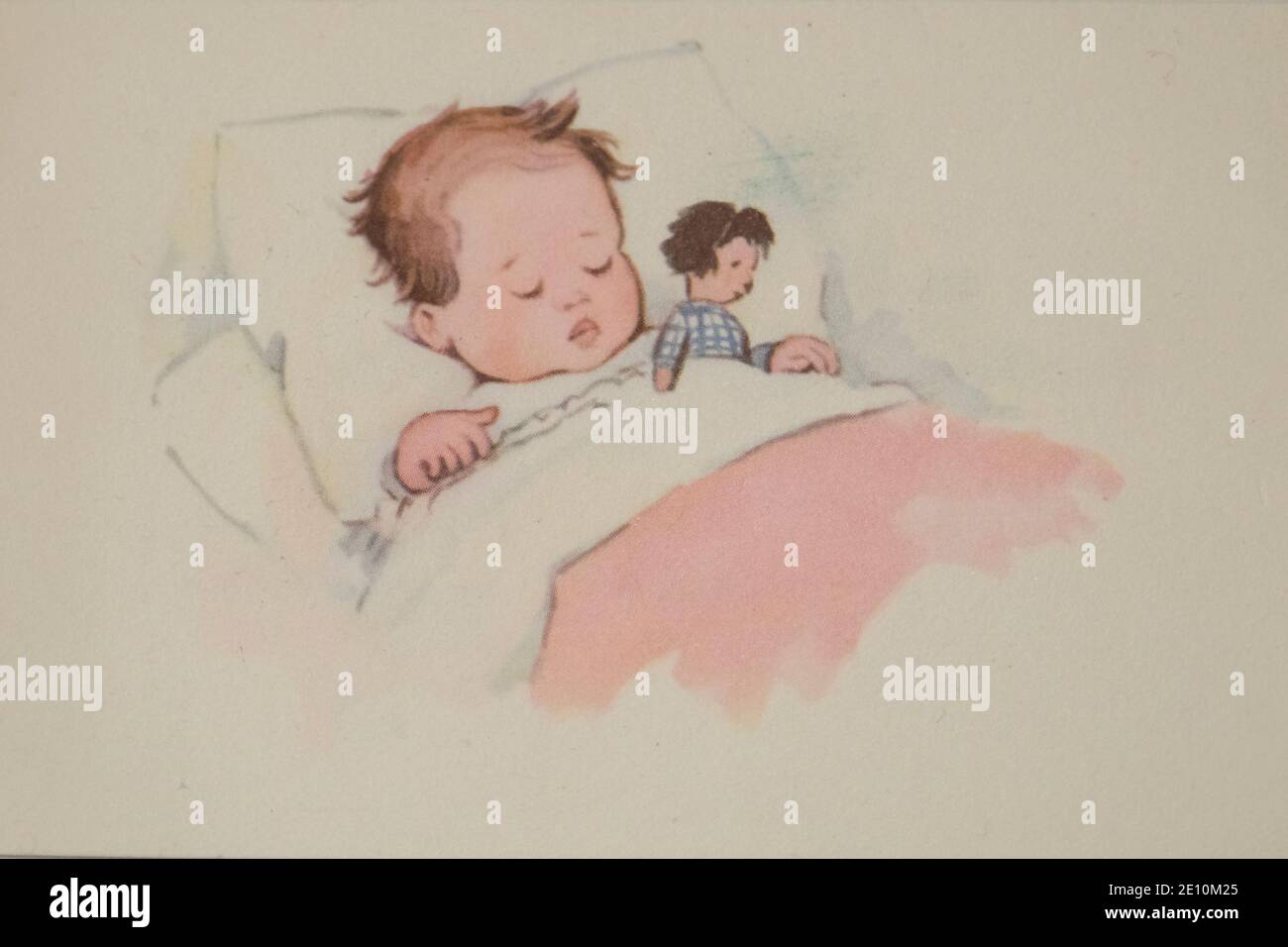 Vintage Geburt Ankündigungskarte für Baby Mädchen von 1957 mit Puppe Stockfoto