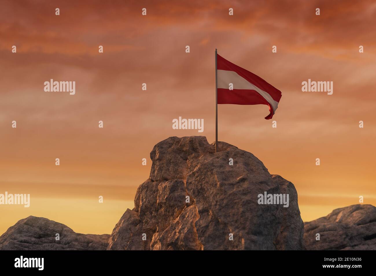 3d Rendering von wehenden österreichischen Flagge auf felsige Landschaft zu Feiern Sie den Nationalfeiertag vom 26. oktober Stockfoto