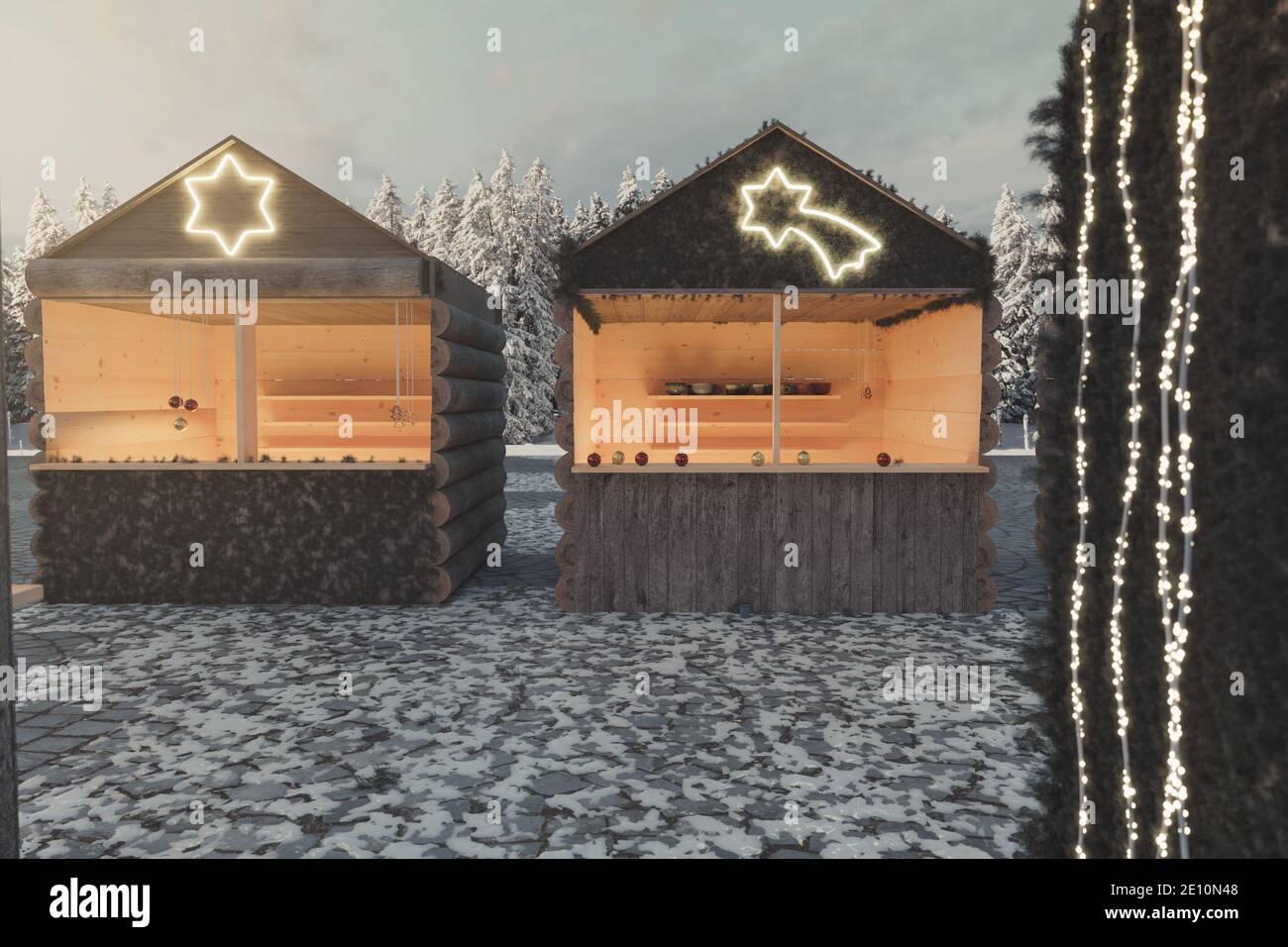 3D-Rendering der Weihnachtsmarkt von verschiedenen Holzhütten in der Abendsonne Stockfoto