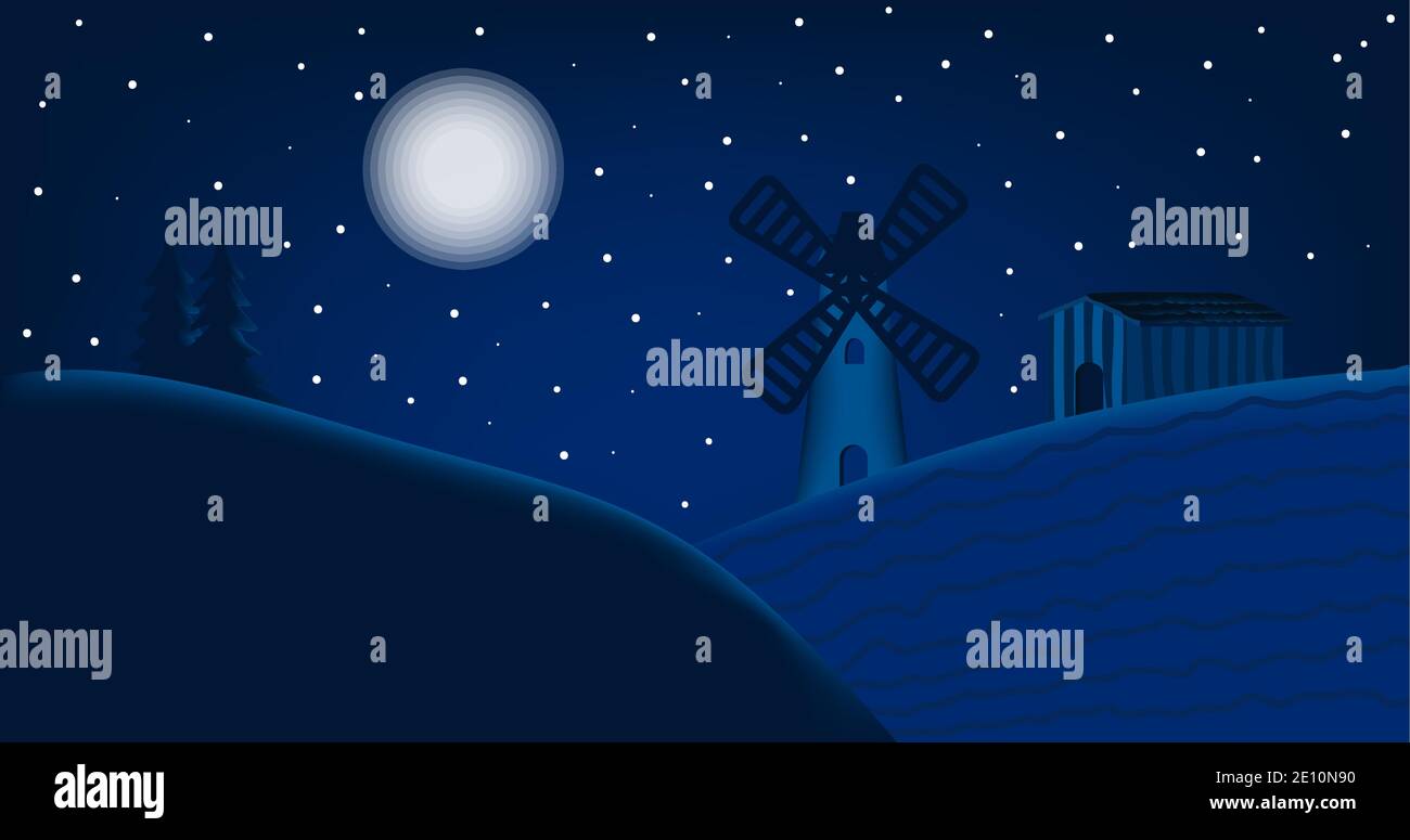 Nachtlandschaft mit Mond, Windmühle und Scheune Vektor-Illustration Stock Vektor