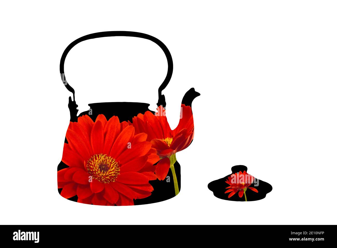 Isolierte antike Teekanne. Silhouette von schwarzer Teekanne mit roten Gänseblümchen Blumen und mit dem Deckel entfernt. Stockfoto