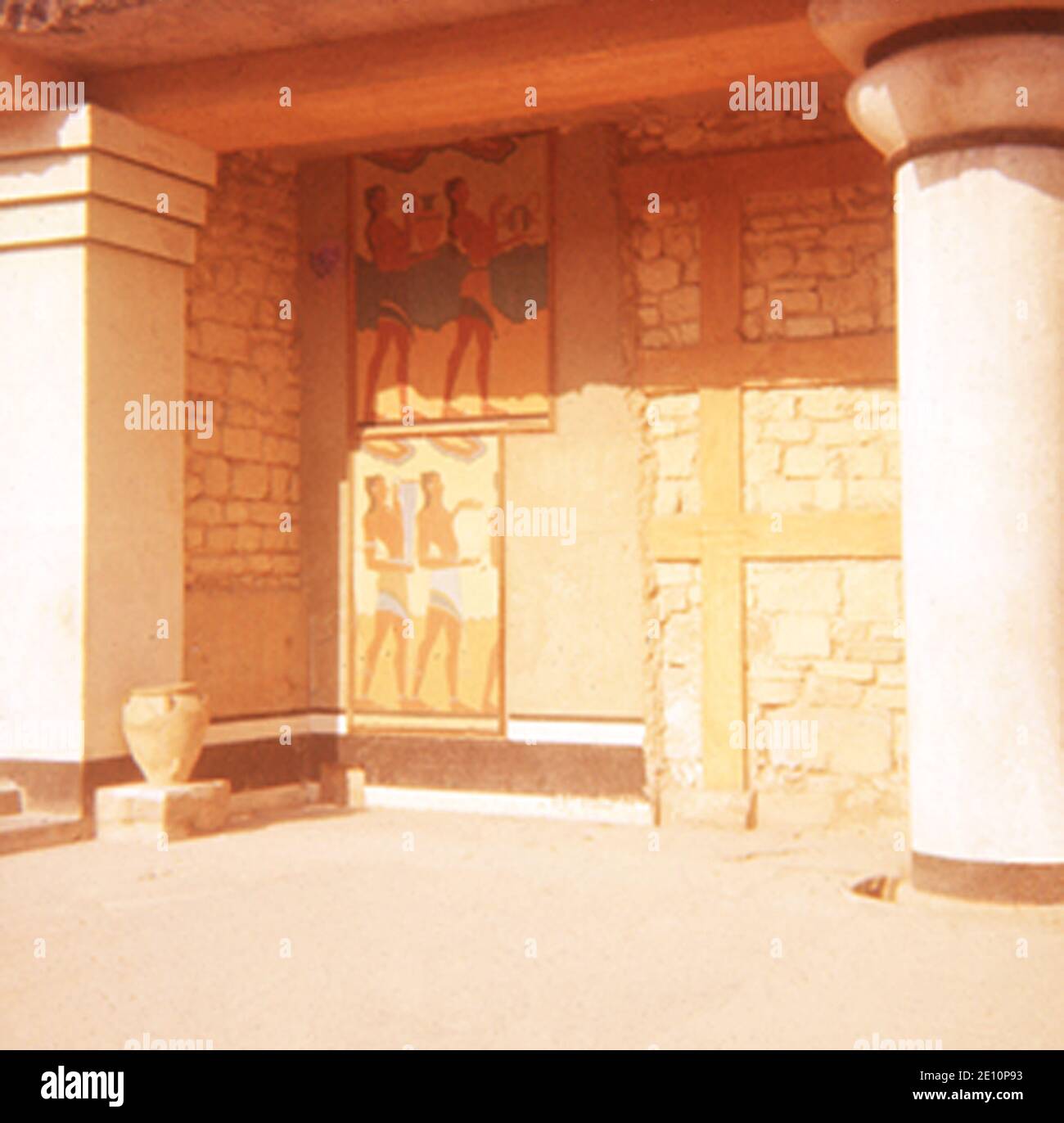 Dieses Foto aus dem Jahr 1976 zeigt eine gemalte Mauer im minoischen Palast in Knossos auf Kreta. Dies sind nur zwei von vielen Wandmalereien, die den riesigen minoischen Palast schmücken, der einst dort stand. Die Minoer bedeckten die Wände mit einer Mischung aus Schlamm und Stroh, dann dünn mit Kalkputz überzogen und schließlich mit Schichten von feinem Putz. Die Minoans hatten einen ausgeprägten Malstil mit Formen, die durch kurvenförmige Linien geformt wurden, die den Gemälden ein Gefühl von Lebendigkeit verleihen. Die minoische Zivilisation war eine bronzezeitliche ägäische Zivilisation auf der Insel Kreta und anderen ägäischen Inseln, blühend Stockfoto