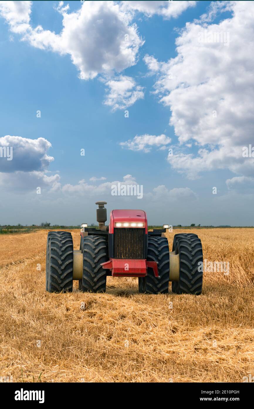 Autonomer unbemannter Traktor mit Pflug, der auf dem Feld arbeitet. Intelligente Landwirtschaft Stockfoto