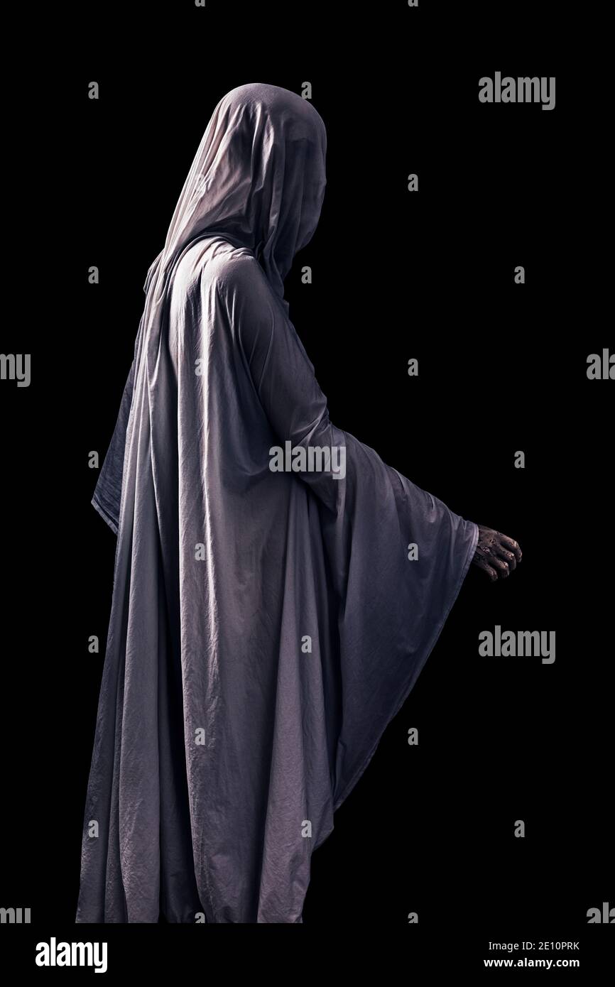 Unheimlicher Geist auf schwarzem Hintergrund isoliert Stockfoto