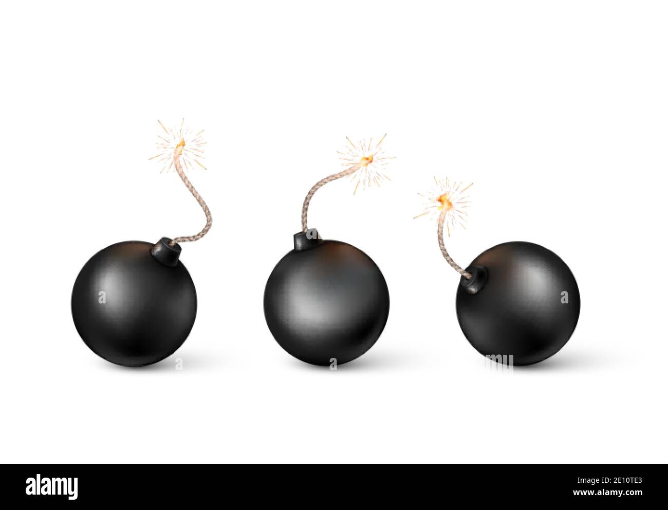 Bombenset. Brennende Sicherung schwarze Bombe in realistischem Stil. Vektorgrafik Stock Vektor