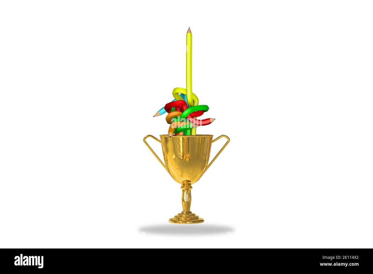 Goldene Trophäenschale isoliert auf weißem Hintergrund mit Buntstiften verwandelt sich in einen geraden gelben Bleistift innen. 3d-Illustration Stockfoto