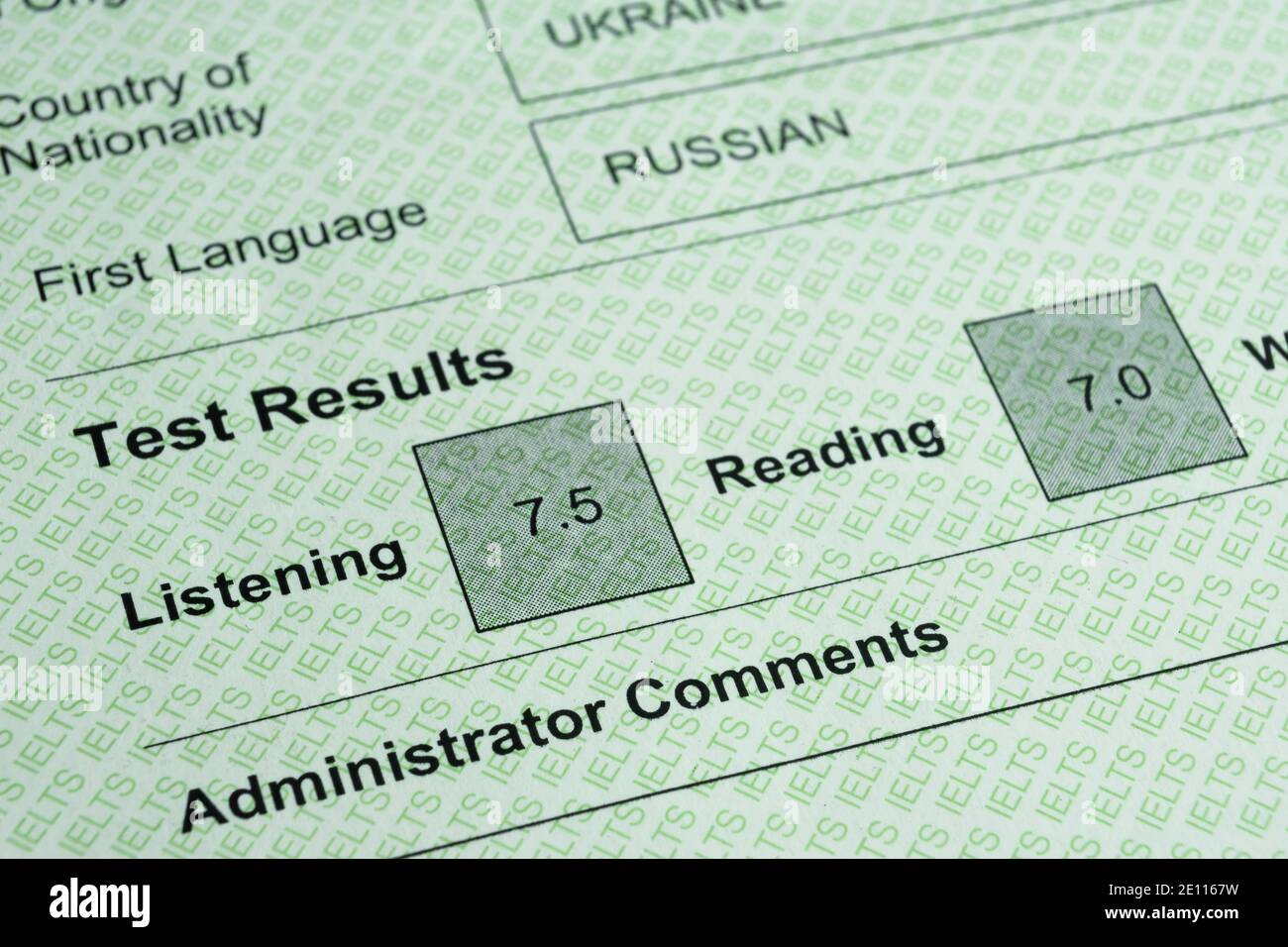 Stafford, Vereinigtes Königreich - 3. Januar 2021: Authentic IELTS Testbericht Formular. Das International English Language Testing System ist ein internationaler STA Stockfoto