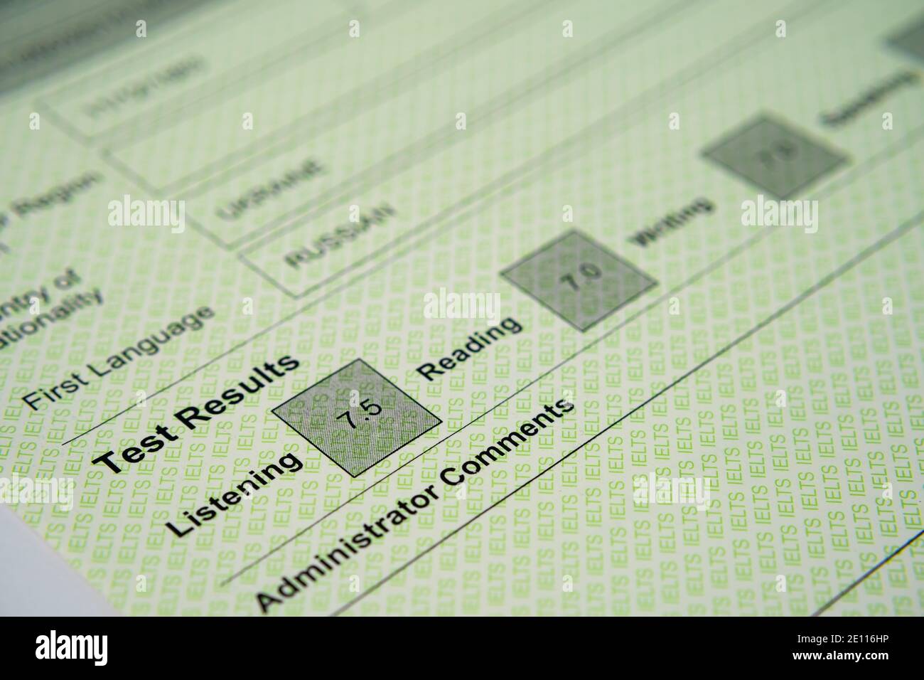 Stafford, Vereinigtes Königreich - 3. Januar 2021: Authentic IELTS Testbericht Formular. Das International English Language Testing System ist ein internationaler STA Stockfoto