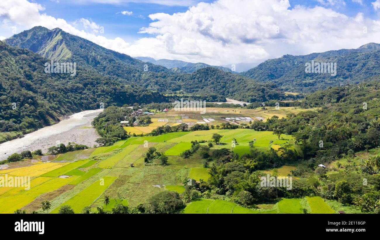 Fluss im Bergtal mit heller Wiese. Natürliche Sommerlandschaft. Berge und ein schönes Tal mit Reisterrassen. Die Natur der Insel Luzon Stockfoto