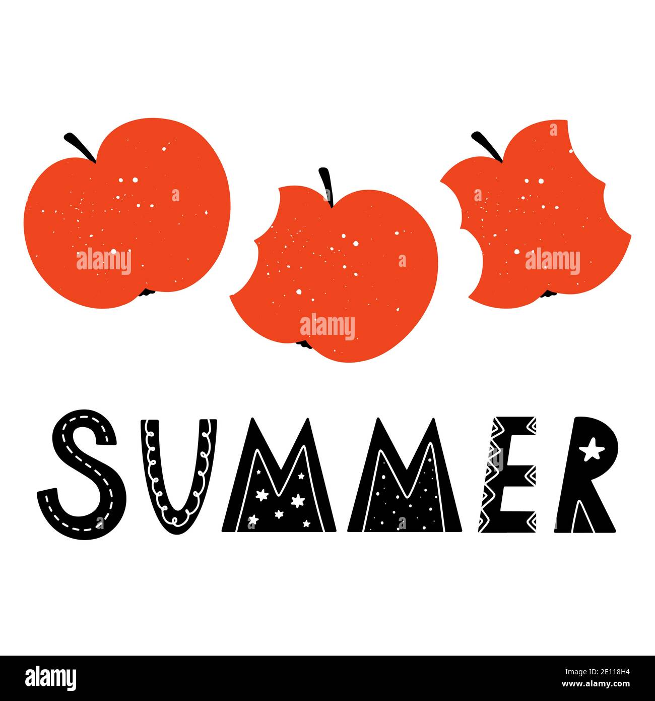 Niedliche Sommer Wort handgezeichnet Schriftzug in skandinavischen Stil mit gebissenen Äpfeln mit Textur isoliert auf weißem Hintergrund. Kindlicher Vektor im Doodle-Stil Stock Vektor