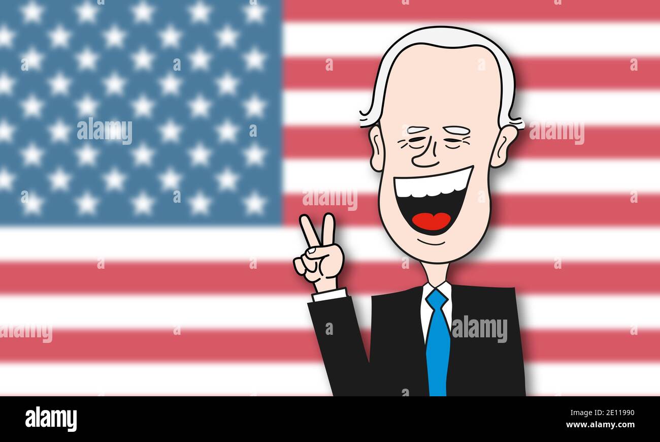 Karikatur von Joe Biden zum Präsidenten der Vereinigten Staaten von Amerika vor einer großen verschwommenen amerikanischen Flagge gewählt. Zeichentrickfilm Vektorzeichnung. Stockfoto