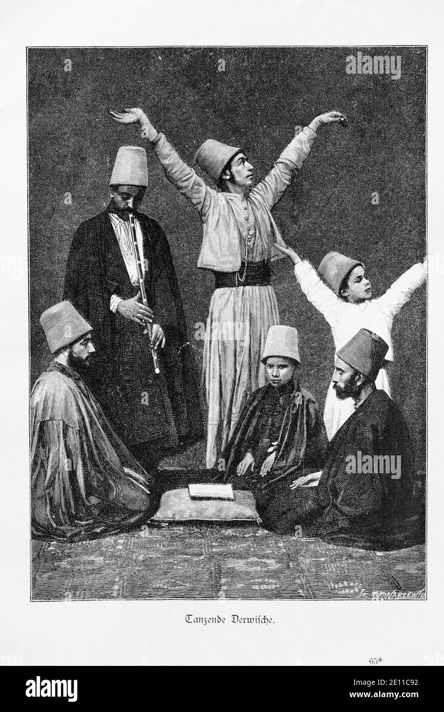 'Tanzende Derwische', eine Gruppe tanzender Derwische mit einem Flötenspieler, Kairo, Ägypten, 'die Hauptstädte der Welt'. Breslau ca. 1987 Stockfoto