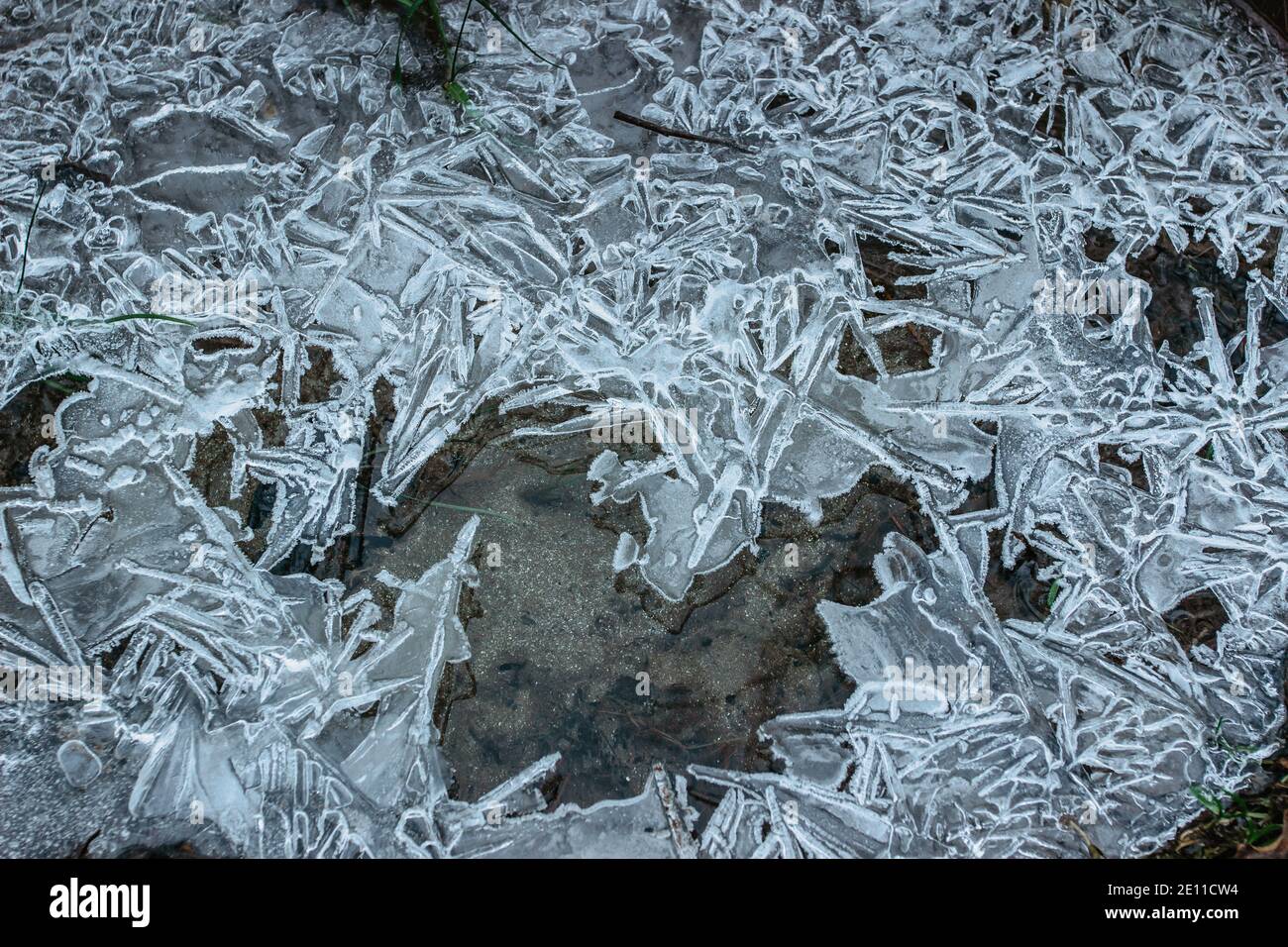 Abstrakter Winterhintergrund, rissige Eis auf gefrorener Pfütze. Eisfragmente auf gefrorenem Wasser. Das Eis zerbrochene Stücke.Eis auf einer gefrorenen Wasserpfütze im Winter Stockfoto