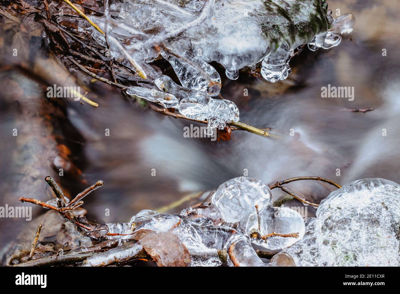 Clouse up von Eiszapfen in der Nähe von wilden Strom.Snowy Winterlandschaft.Eiszapfen in Natur Eis Hintergrund.kalt rutschigen saisonalen Wetter. Reihe von frostigen Eiszapfen.backg Stockfoto