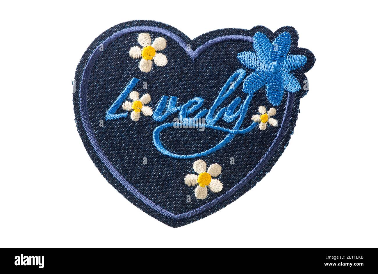 Blauer Denim-Patch mit Blumen und schönen Schriftzügen Stockfoto