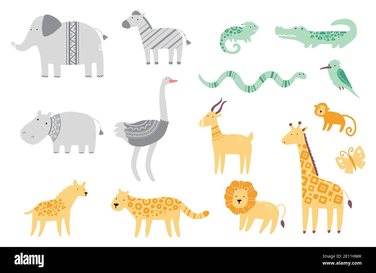 Set von niedlichen afrikanischen Zoo Tiere Giraffe, Zebra, Löwe, Vogel, Elefant, Schlange, Eidechse, Gepard, Krokodil. Flache und einfache Design-Stil für Baby, Kinder Illustration. Stock Vektor