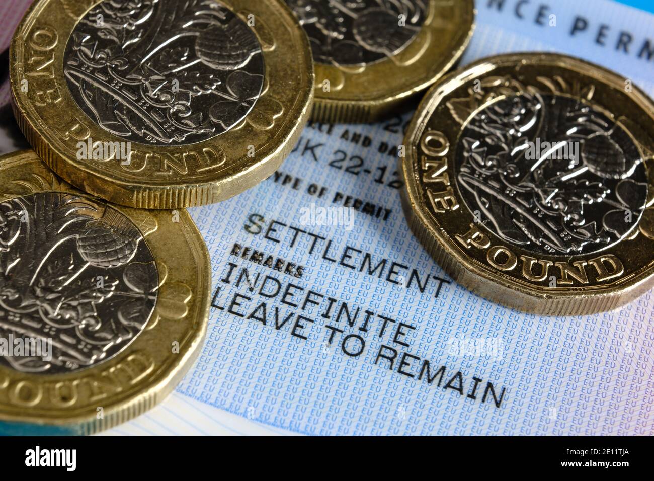 Stafford, Vereinigtes Königreich - 3. Januar 2021: In Großbritannien ausgestellte Visa-Karten und Pfund-Münzen der EU mit unbefristter Aufenthaltserlaubnis (ILR). Konzept für hohe Gebühren für Stockfoto