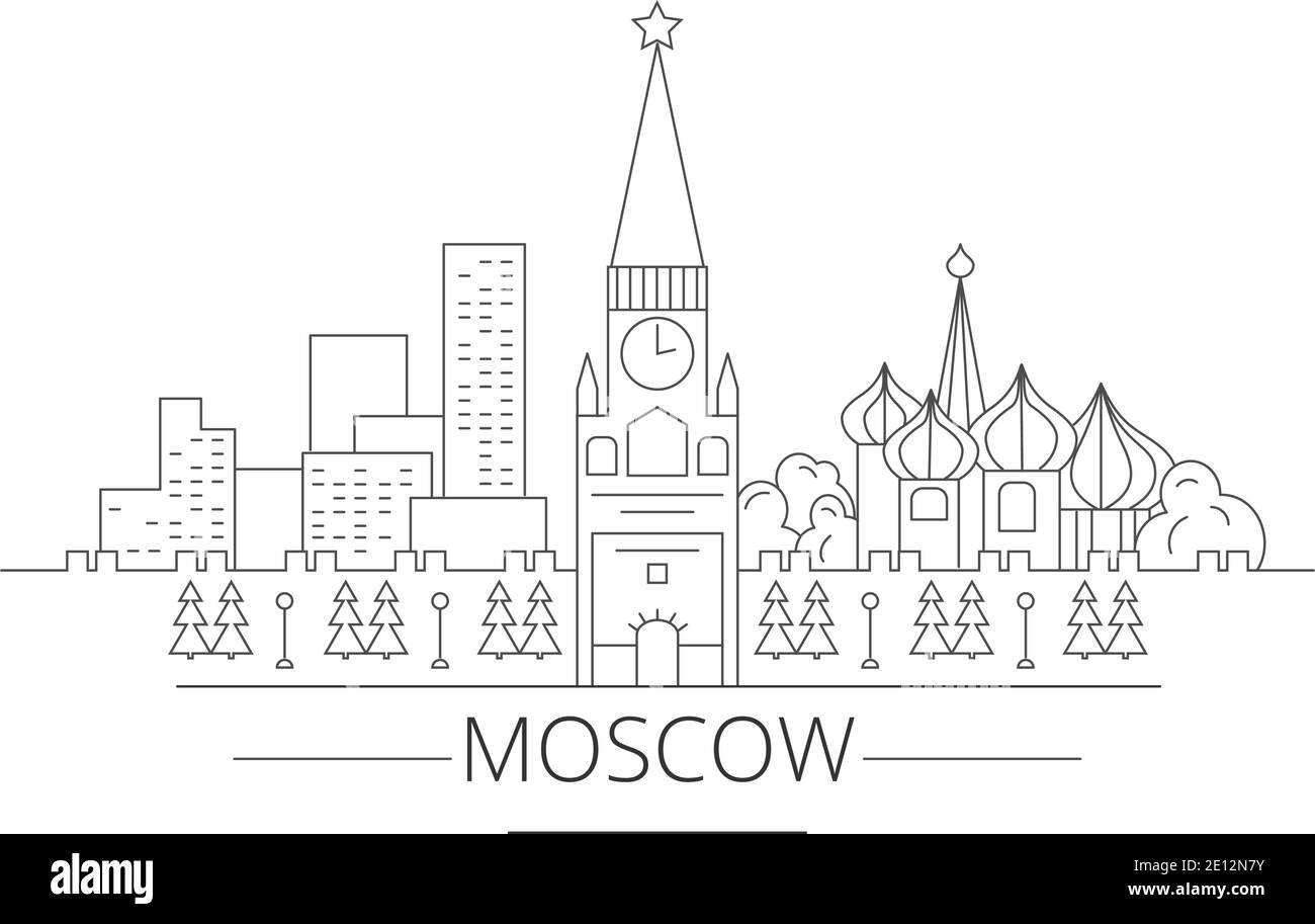 Gebäude der Stadt Moskau. Kreml, St. Basil s Kathedrale, zu Hause. Lineare Kunst Stock Vektor