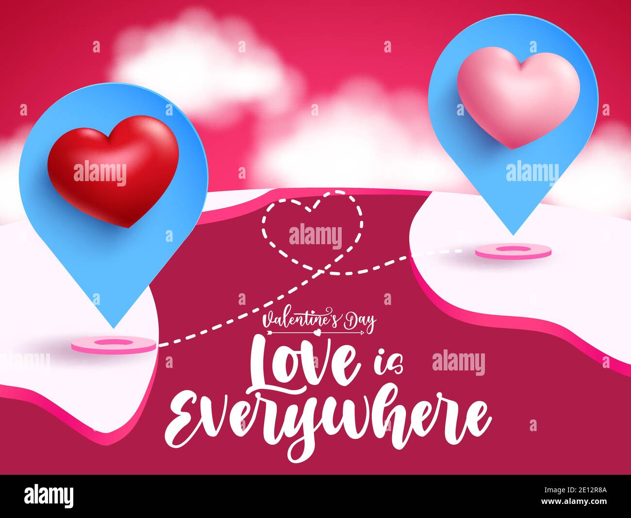 Valentine Vektor-Hintergrund-Design. Liebe ist überall Text mit Navigationsnadel mit Herzen für valentinstag Fernbeziehung Design. Stock Vektor