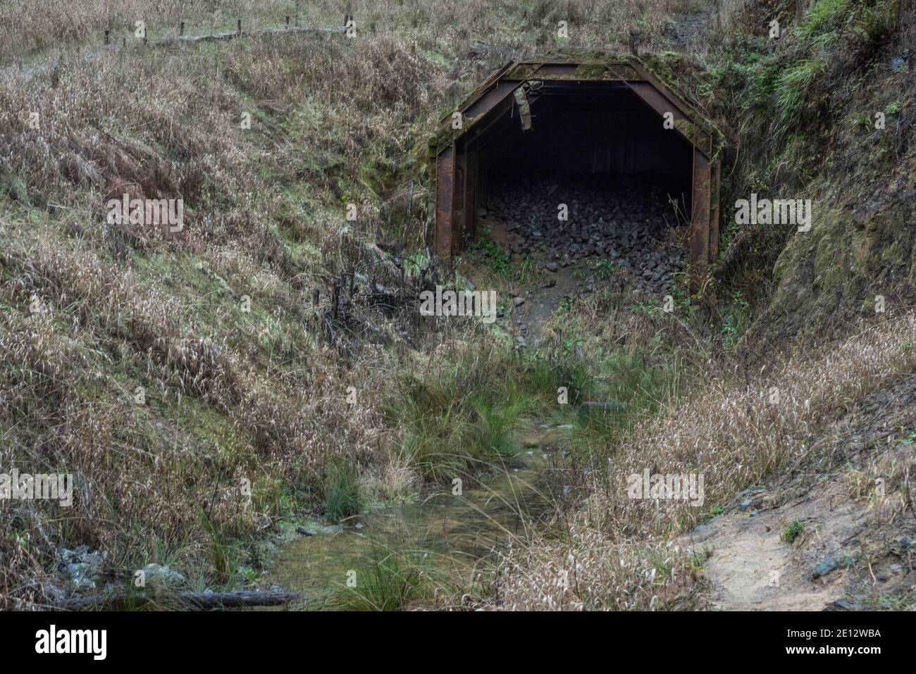 Der eingestürzte Tunnel auf der Skunk-Eisenbahnstrecke, der 2015 einstürzte und erst 2024 geräumt werden sollte, verhindert den Zugang zur Hälfte der Bahnstrecke. Stockfoto