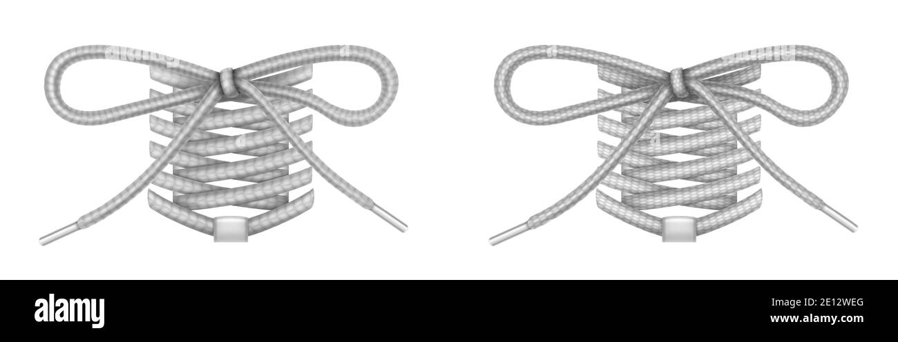 Schnürsenkel mit Schleife Knoten, Fußgear Zubehör, graue Schnürsenkel mit Eglets Mockup, Seile, dekorative Elemente für Sneaker isoliert auf weißem Hintergrund, realistische 3d Vektor Illustration, Icons Set Stock Vektor